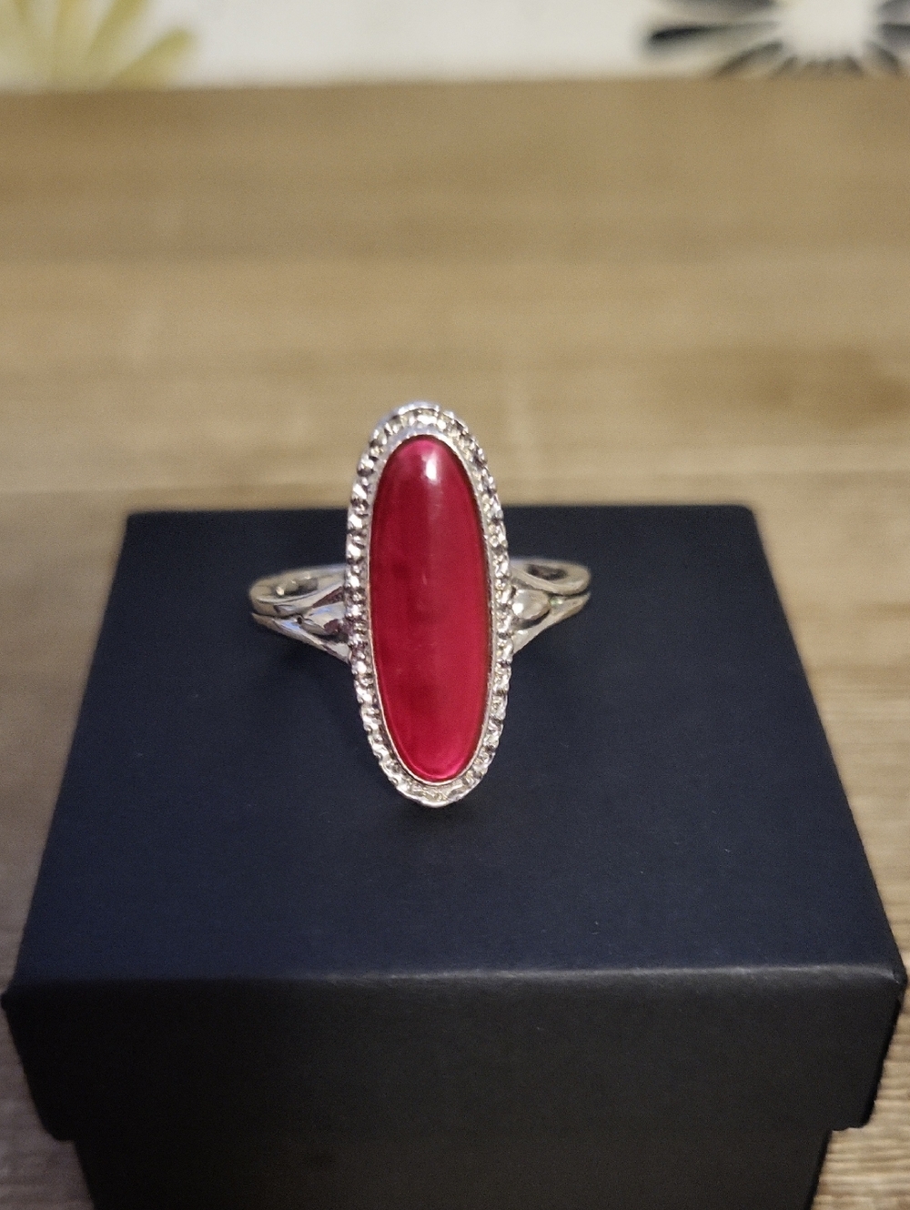 925 Silver Oval Red Coral Cabachon Stone Ring